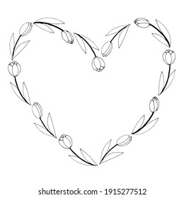 Vector frame in the shape of a heart from outline tulips. Hand drawn doodle isolated. Background, border, title for holiday decoration, valentines