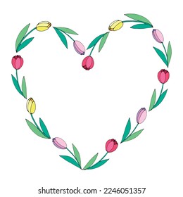 Vector frame in the shape of heart from red, pink, yellow tulips. Hand drawn flat doodle isolated. Background, border for holiday decoration, valentines. Symbol of spring, love, flowering