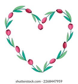 Vector frame in the shape of heart from red tulips. Hand drawn flat doodle isolated. Background, border for holiday decoration, valentines. Symbol of spring, love, flowering