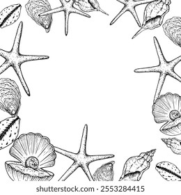 Vector frame with shells, starfish. Hand painted line opened oyster seashell with pearl. Graphic clip art isolated on background. Underwater illustration. For designers, invitations, decoration