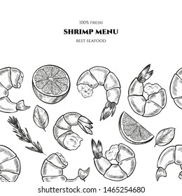 Vector frame with shrimp. Menu design. Food illustration. 