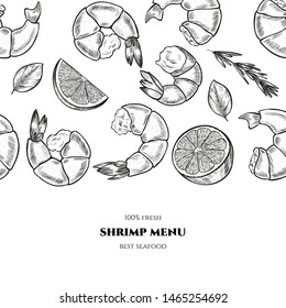 Vector frame with shrimp. Menu design. Food illustration. 