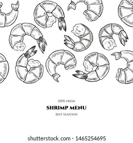 Vector frame with shrimp. Menu design. Food illustration. 