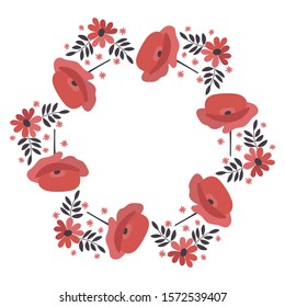 Vector frame with simple pink poppies and twigs. Hand drawn illustration.