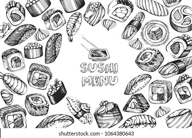 Vector frame with sketch sushi icons on the white background