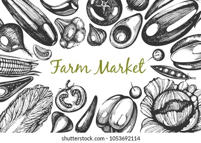 Vector frame with sketch vegetables. Farm Market
