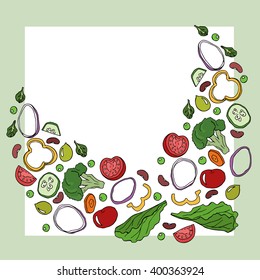 Vector frame, sketch of vegetables: greens, cherry tomatoes, onions, cucumber, lettuce, broccoli. Hand drawn colorful illustration