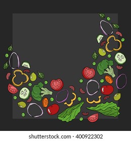 Vector frame, sketch of vegetables: greens, cherry tomatoes, onions, cucumber, lettuce, broccoli. Hand drawn colorful illustration on dark background