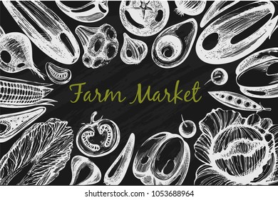 Vector frame with sketch vegetables on the black background