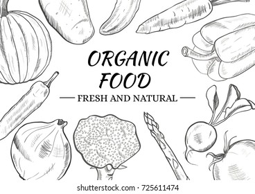Vector frame of sketched fresh organic vegetables. Vegan menu background.