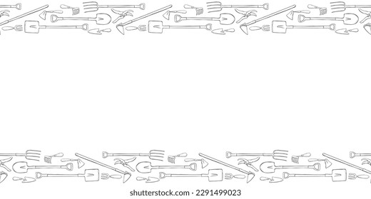Vector frame of sketches of garden tools, working equipment. Horizontal upper and lower edging, border, divider on gardening, farming, agriculture