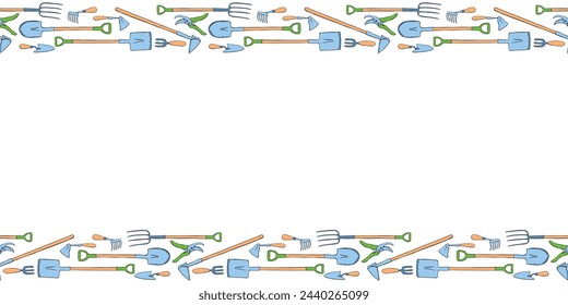 Marco vectorial de bocetos de herramientas de jardín, equipo de trabajo. Borde superior e inferior horizontal, borde, divisor en jardinería, agricultura, agricultura
