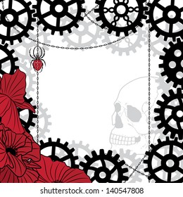vector frame with skull, gears, spider and chains in black, red and white colors
