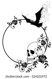 vector frame with skull, raven and roses in black and white colors