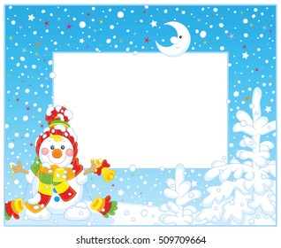 Vector frame with a smiling little snowman ringing a small bell on a snowy Christmas eve night