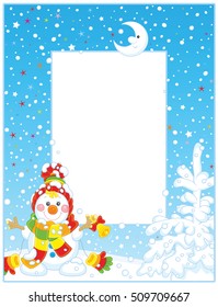 Vector frame with a smiling little snowman ringing a small bell on a snowy Christmas eve night