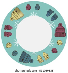 Vector frame with snowflakes, hats, gloves and Christmas balls. The idea for the New Year. It can be used to design websites, postcards, etc.