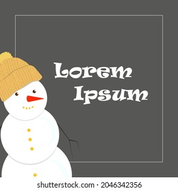 Marco vectorial con un muñeco de nieve con un sombrero amarillo de punto con una pompa y una zanahoria para una carta de bienvenida feliz año nuevo o hola invierno en un fondo gris