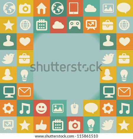 Vector frame with social media icons - abstract background in retro style