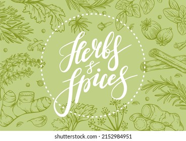 Vector frame with spices and seasonings. Different herbs, pepper and coriander with lettering lettering.