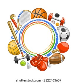 Vector Frame for Sports Equipment with copy space for text, decorative marketing concept with illustration of variety summer sport gear, leather boxing gloves and tennis racquets on white background