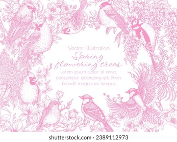 Vector frame of spring blossoming trees and birds in engraving style. Lilac, magnolia, mimosa, willow, forsythia, wisteria. Waxwing, robin, bullfinch, red cardinal, sparrow, woodpecker and blue jay 