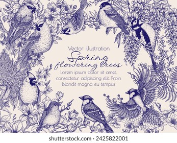 Vector frame of spring blossoming trees and birds in engraving style. Lilac, magnolia, mimosa, willow, forsythia, wisteria. Waxwing, robin, bullfinch, red cardinal, sparrow, woodpecker and blue jay