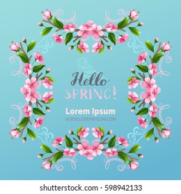 Vector frame of spring blossoms in the sky. Pink cherry blossoms and leaves on tree branches. Hand-drawn seasonal lettering and flourishes. There is copyspace for your text.