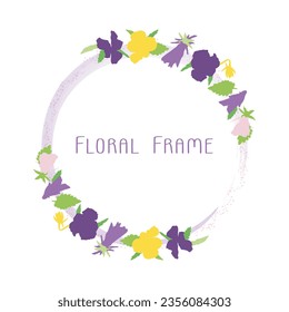 Vector frame of spring bright flowers pansies, floral wreath of cute colorful violets