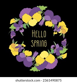 Vector frame of spring bright flowers pansies, floral wreath of cute colorful violets
