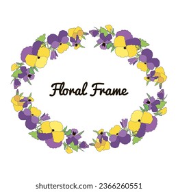 Vector frame of spring bright flowers pansies, floral wreath of cute colorful violets