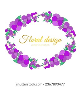 Vector frame of spring bright pink flowers pansies, floral wreath of cute colorful violets