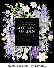 Vector frame of spring flowers and flowering trees. Snowdrops, crocuses, brunnera, tulips, muscari, hyacinths, irises, daffodil, pansies, lily of the valley, lilac, mimosa, wisteria
