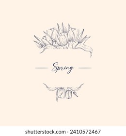 Vector frame with spring flowers. Parrot tulips, me-nots, daisies. Black and white.