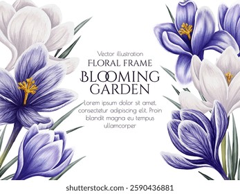 Vector frame with spring flowers. Purple and white watercolor crocuses. Floral horizontal banner template