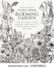 Vector frame of spring flowers.  Snowdrops, crocuses, brunnera, tulips, muscari, hyacinths, irises, daffodil, pansies, lily of the valley, anemone
