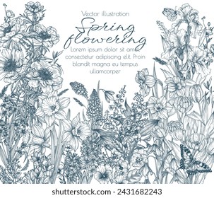 Vector frame of spring flowers. Snowdrops, crocuses, brunnera, tulips, muscari, hyacinths, irises, daffodil, pansies, lily of the valley, anemone, scilla