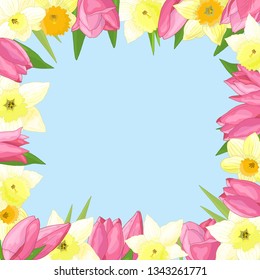 Vector frame of spring flowers: tulips and daffodils on blue background