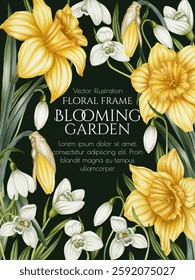 Vector frame with spring flowers. Watercolor snowdrops and yellow daffodils. Floral vertical banner template. Print for card with primroses	