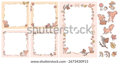 Vector frame of squirrel, leaves, berries and clip art.