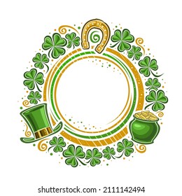 Vector Frame for St Patrick's Day with copy space for text, template with illustration of shamrock leaves and round decorative lines, festive floral concept for st patricks day on white background