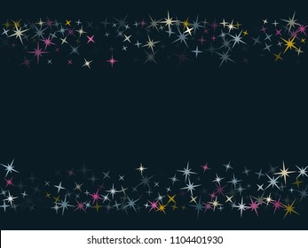 Vector frame of star sparkle texture glitter pattern. Colorful confetti of flying stars, magic geometric sparkles stardust vector background card frame. Christmas party design.