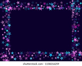 Vector frame of star sparkle texture glitter pattern. Premium colored confetti of flying stars, magic geometric sparkles stardust vector background card border. Cosmic party design.