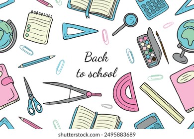 Vector frame with stationery and necessary equipment for going back to school. Opened book, ruler, dividers for geometry, globe world map. Hand drawn vector sketch illustration in doodle vintage style