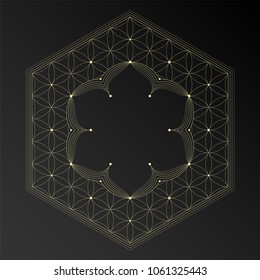 Vector frame in style oriental sacred geometry, golden flower of life and lotus with place for text, design for yoga and meditation.