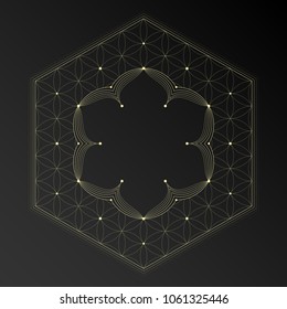 Vector frame in style oriental sacred geometry, golden flower of life and lotus with place for text, design for yoga and meditation.