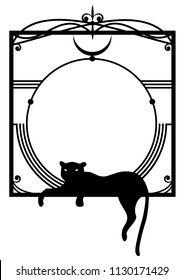 vector frame with stylized panther and moon in black and white colors