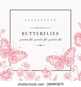 Vector frame with summer flowers and a butterfly in vintage style. Pansies, daisies. Pink color.