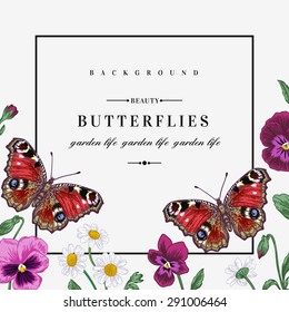 Vector frame with summer flowers and a butterfly in vintage style. Pansies, daisies, violet.