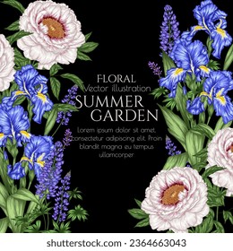 Vector frame of summer flowers. Peonies, irises, lupine